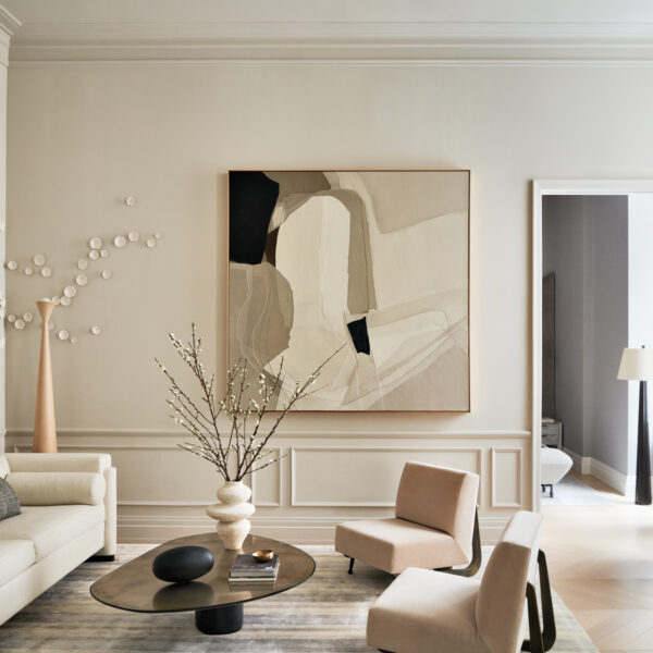 Lean Into The Posh Palette Of Neutrals Of This Tribeca Pied-à-Terre mod white and cream living room with cloud-like seating