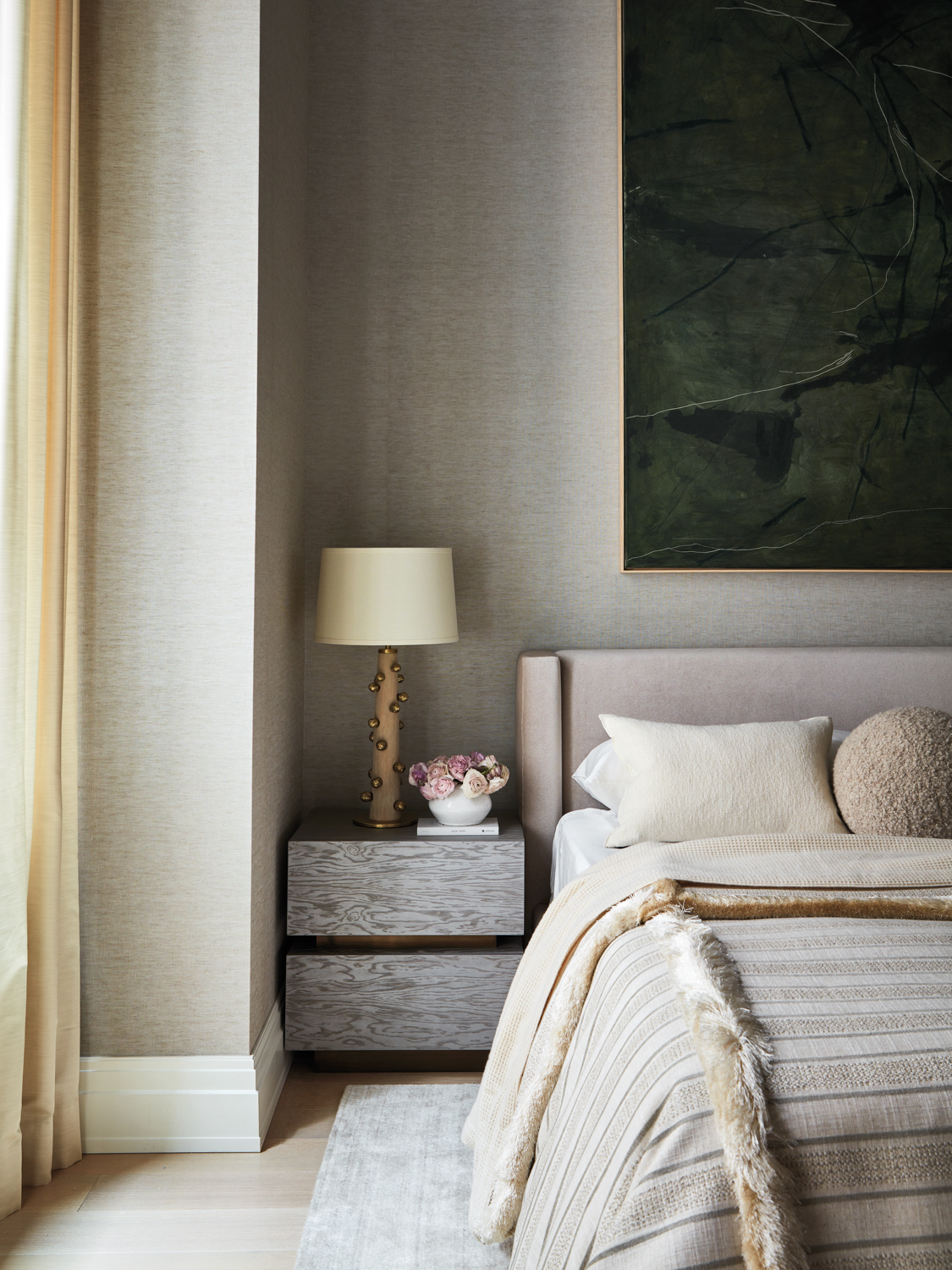 bedroom with linen wallcoverings and...