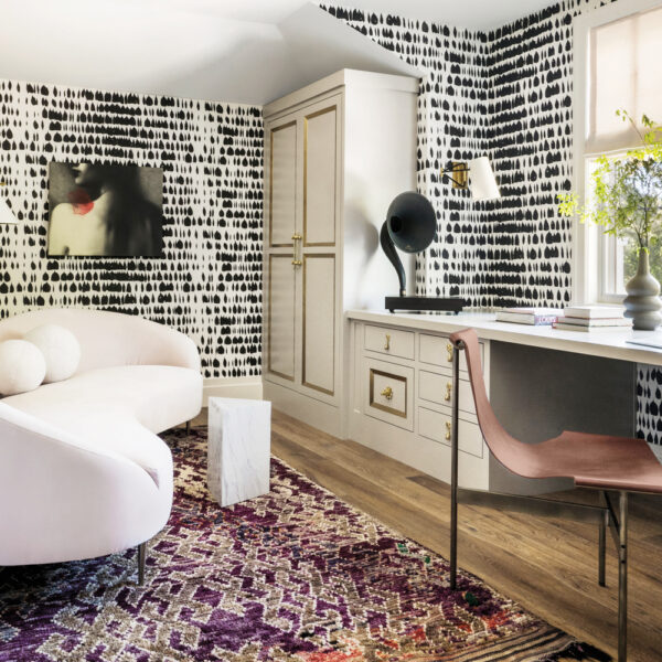 Inside A Soirée-Ready Bay Area Home With A Dazzling Entryway The wife’s office features a black-and-white wallpaper with a raindrop pattern.