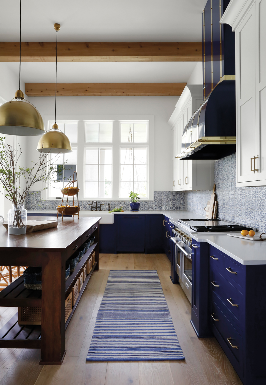 Rustic kitchen with dark blue...