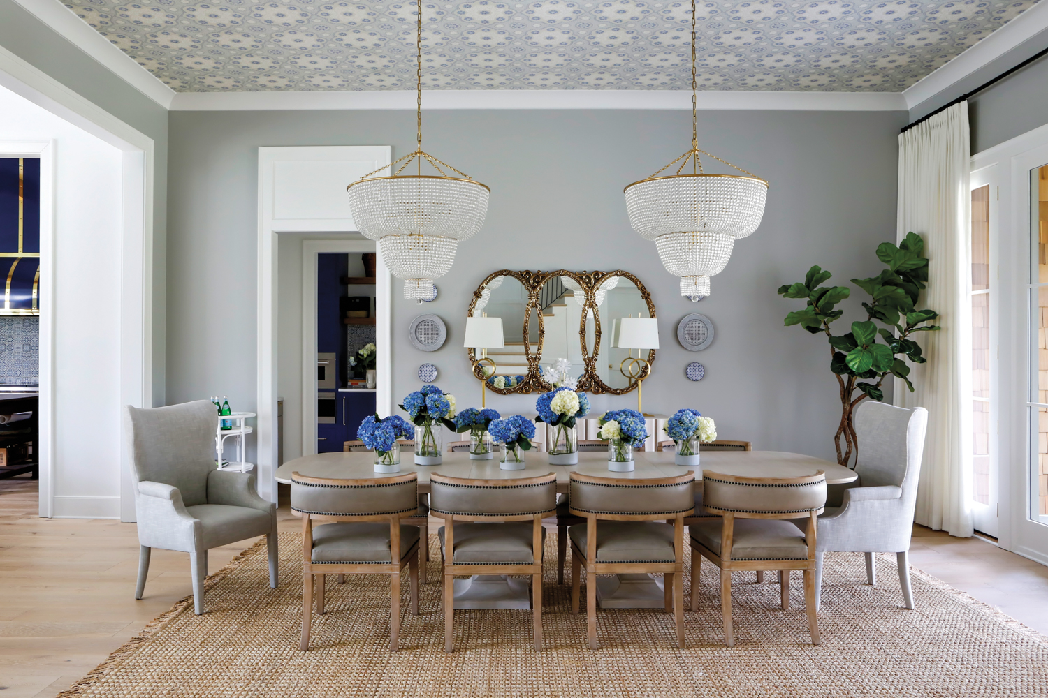 Dining room with pale blue...