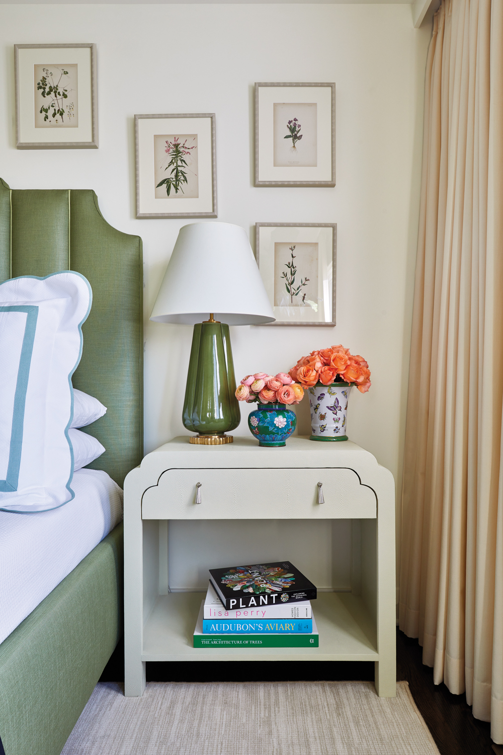 Bedside table with green lamp...