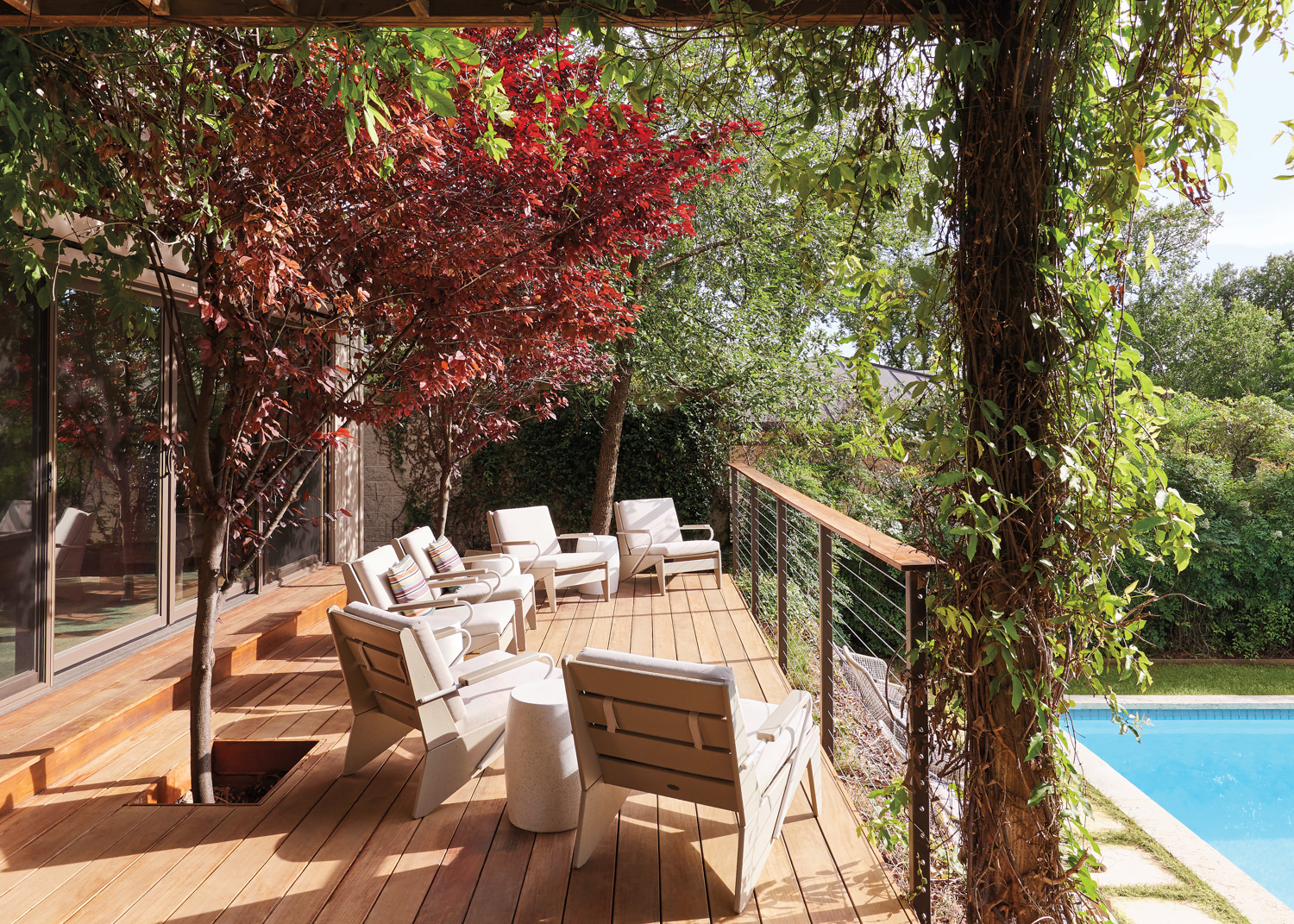 Outdoor ripe-wood deck seating area...