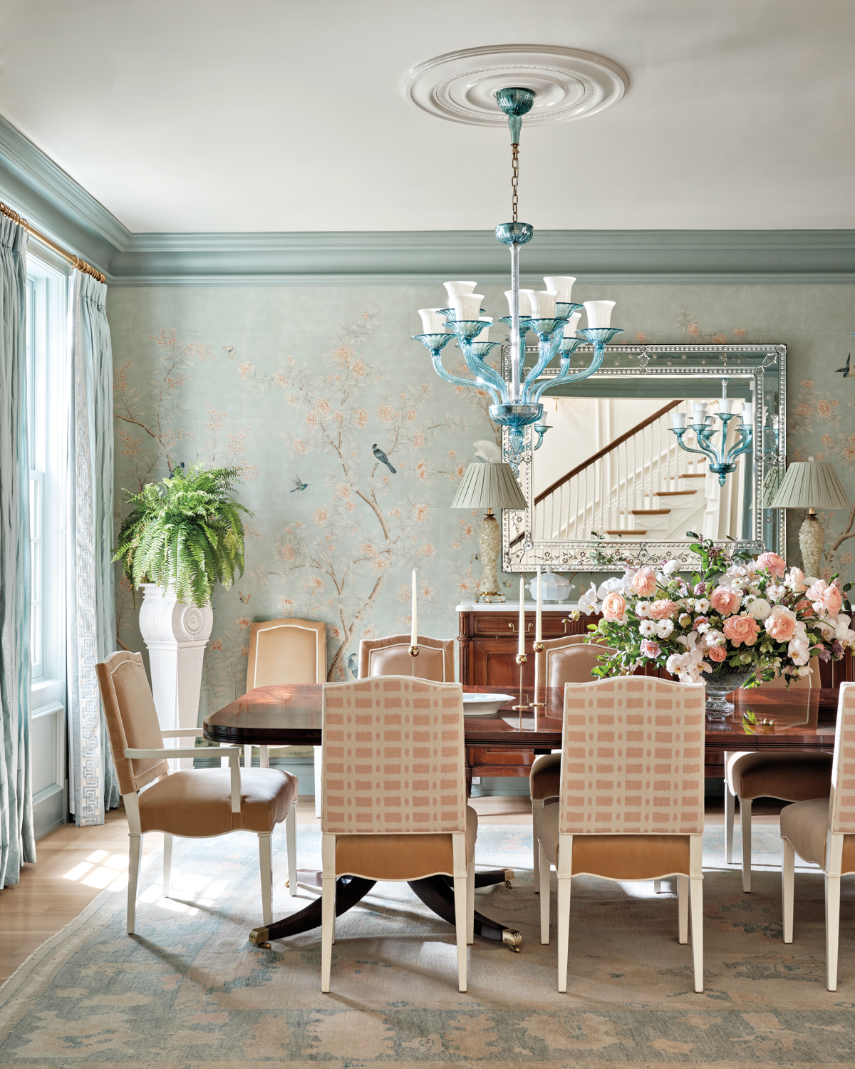 dining space with Murano-glass chandeliers and hand-painted wallpaper