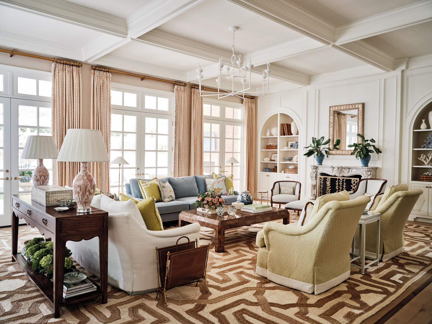 family room with layers of texture found in the millwork, floor covering, furnishings and textiles