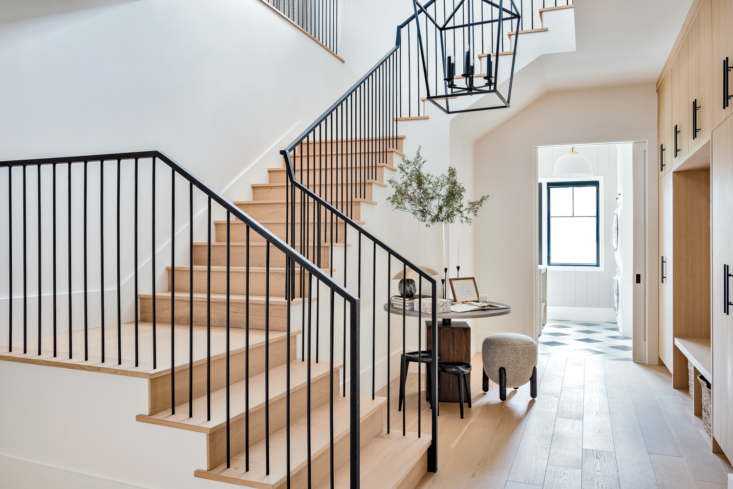 Light oak staircase with black...