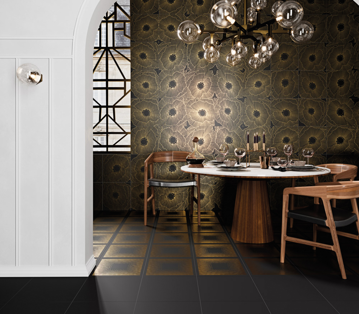 dining room with table, chairs, chandelier and Black Spritz tile by Ceramicas Aparici on wall