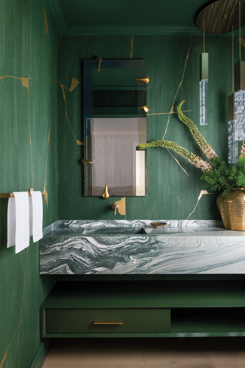 green and gold powder room