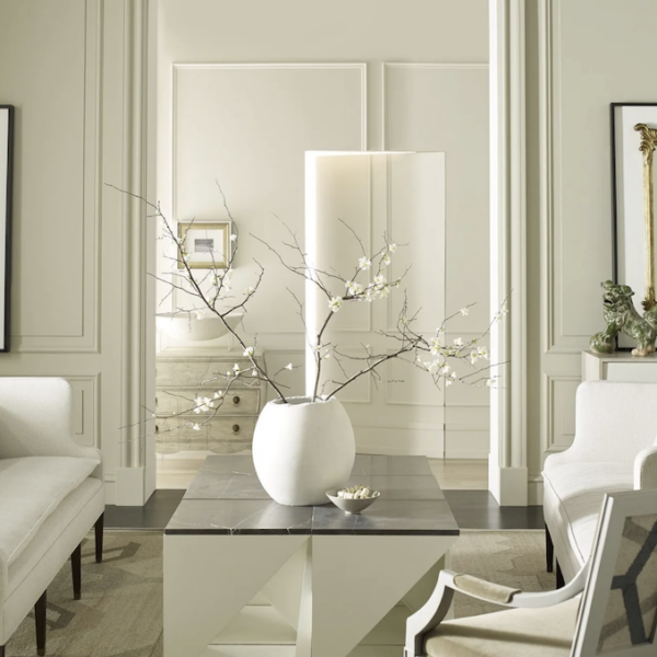 all white living room furniture in luxury home by Mathews Furniture Galleries showroom