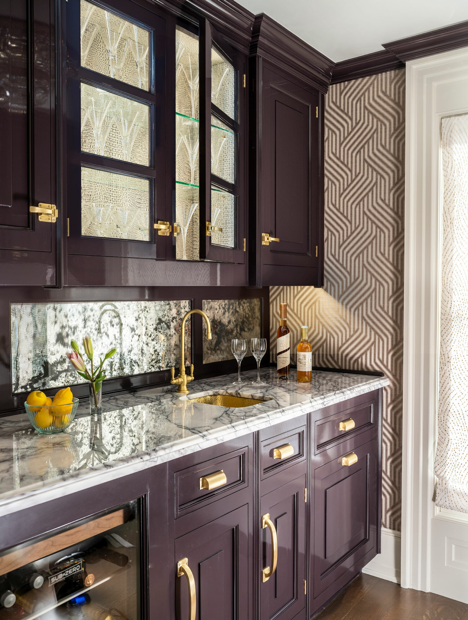 kitchen lighting ideas maroon pantry with metallic details by christopher peacock