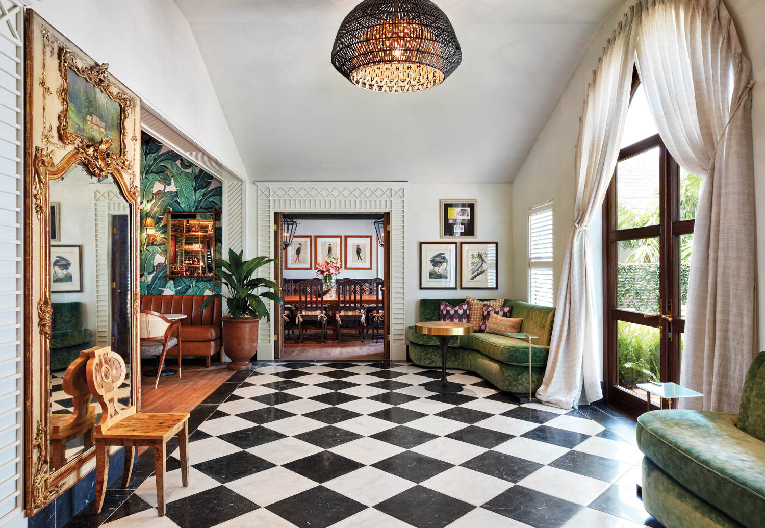checkered floors with velvet banquette