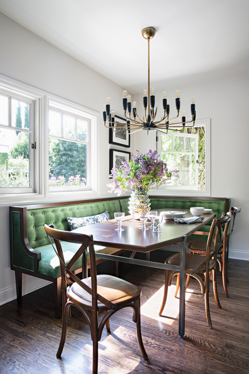 breakfast nook with green banquette...