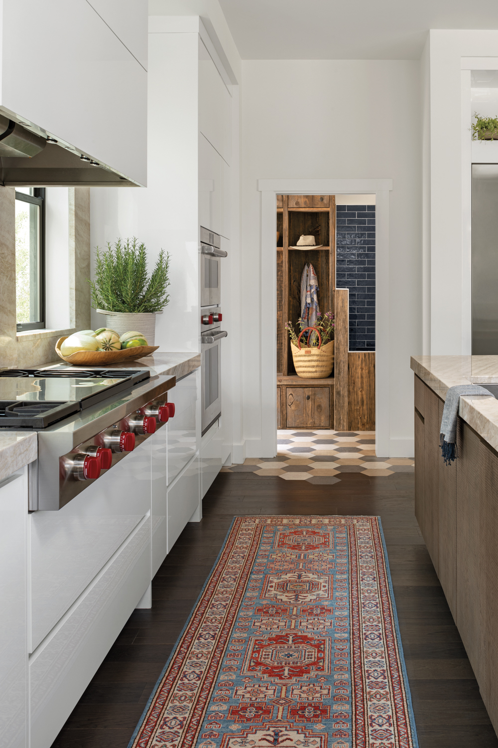kitchen with hexagon tiles overlapping...