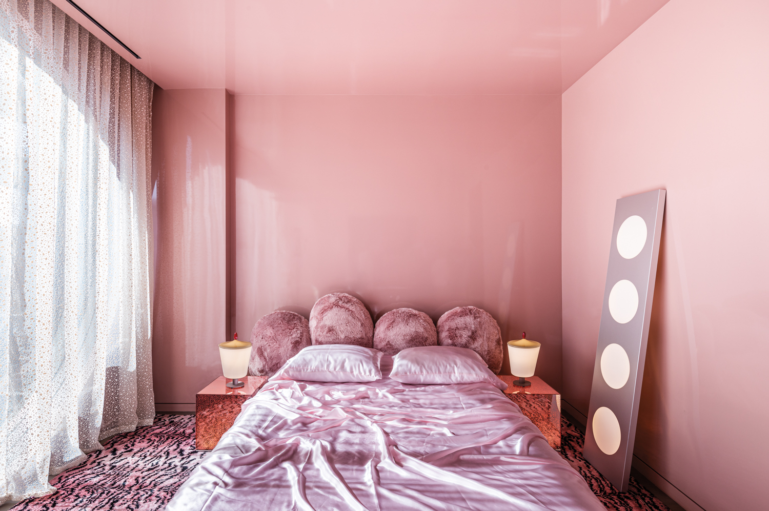 pink lacquer walls pink fuzzy bed