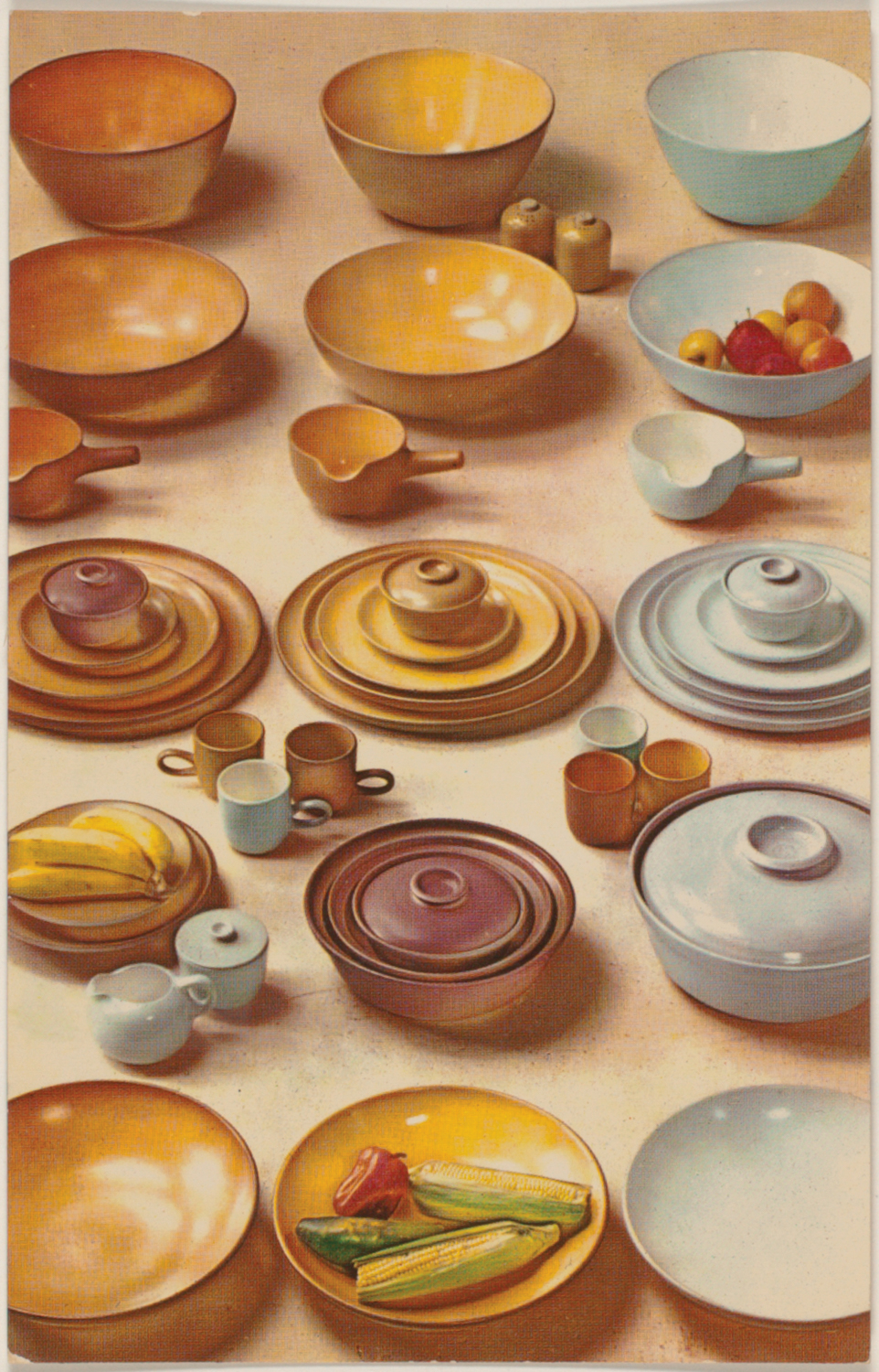 Selection of tableware pieces in yellow, light blue and mauve from Heath Ceramics.