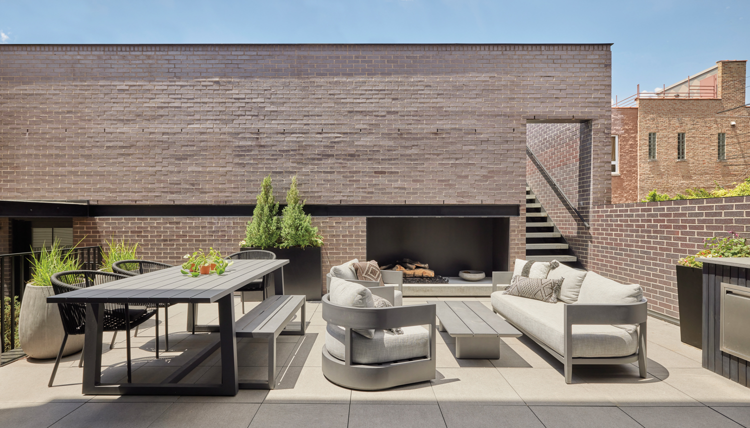 Large back patio with gray...