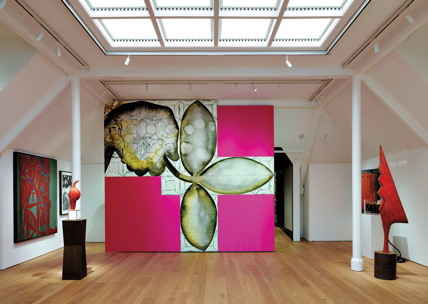 art gallery with pink, floral collage