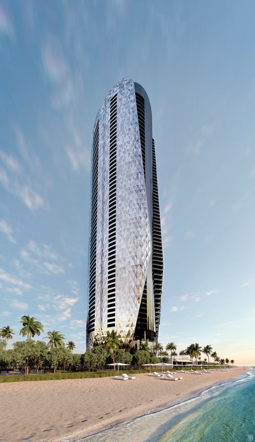 70-story high-rise along the beach soaring above palms and greenery