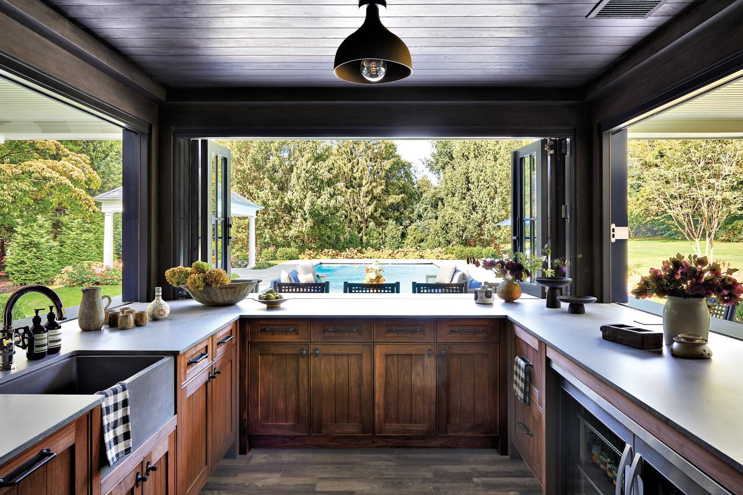 indoor-outdoor kitchen wood cabinets