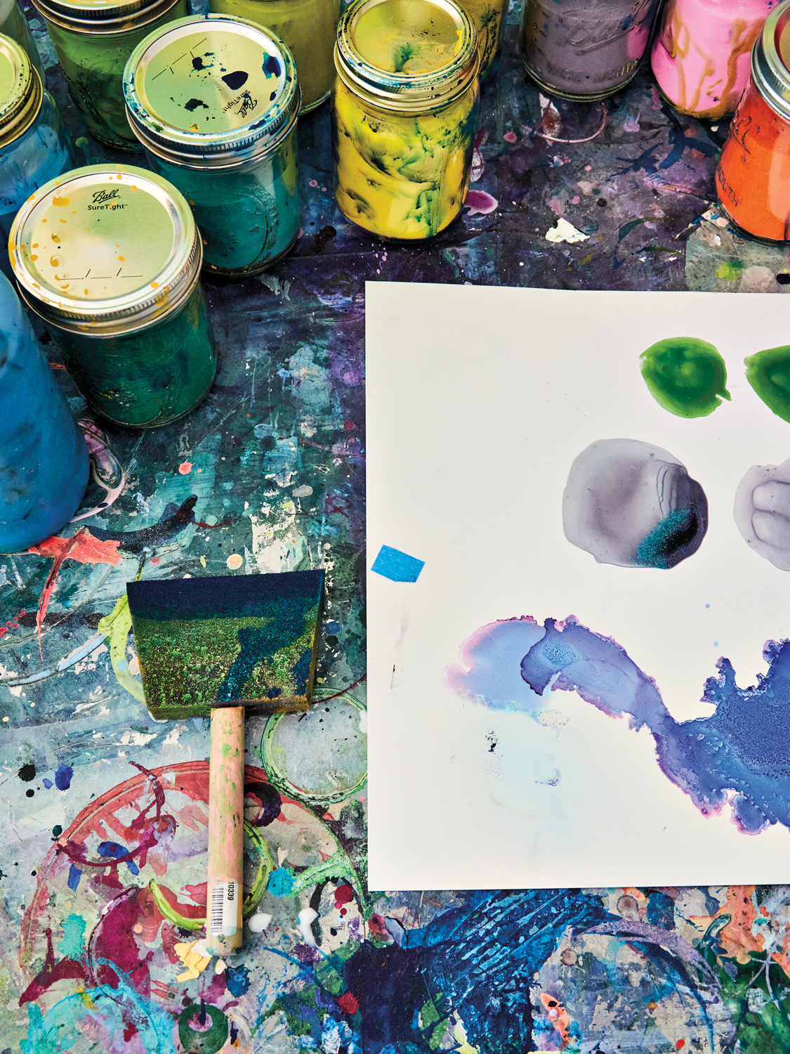 A work table splattered with paint