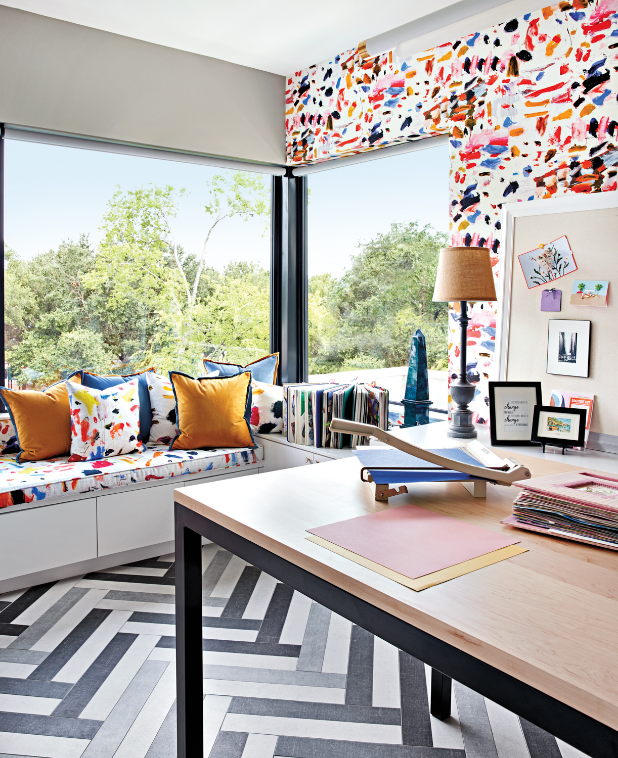 craft room featuring vibrant wallpaper