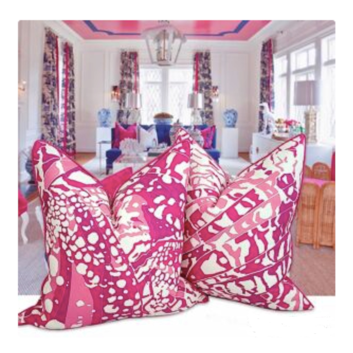 Pink and white patterned throw pillows.