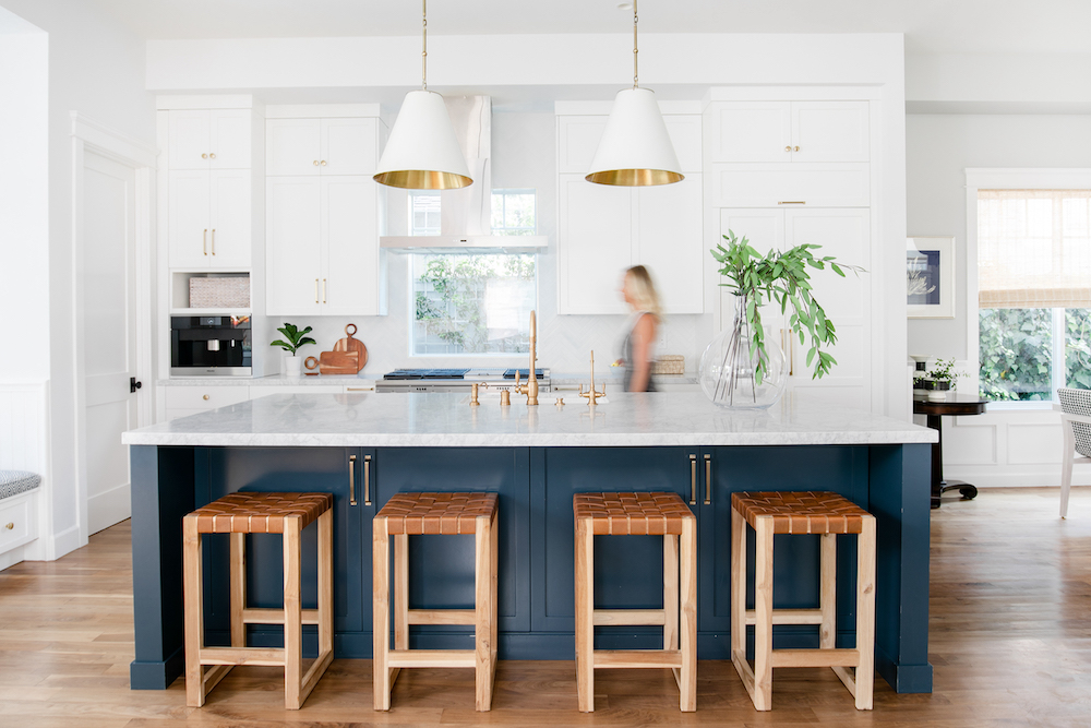 Blue and white cabinets in California Kitchen with Interior Design by Noelle Interiors