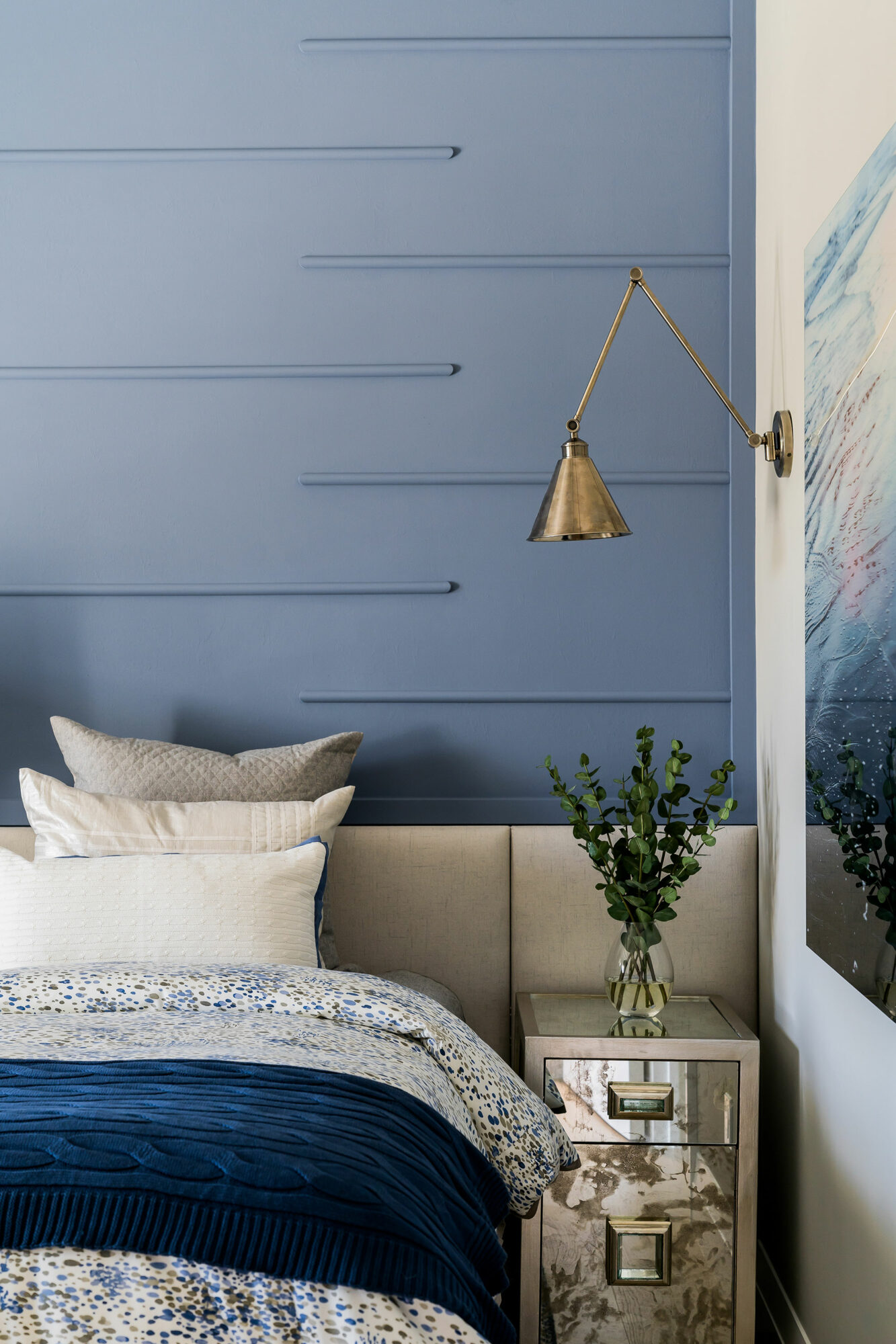 blue bedroom with molding 