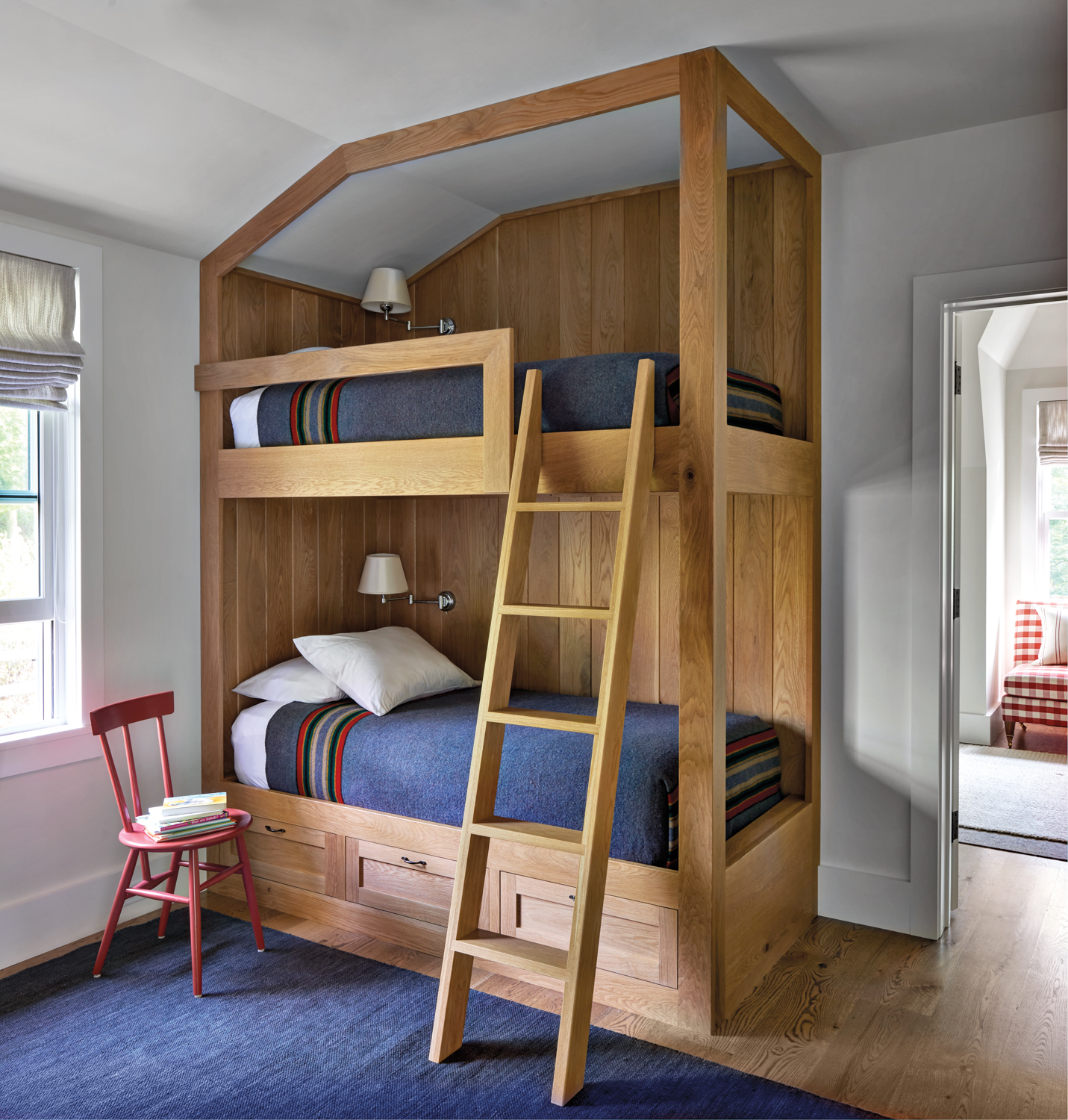 built-in wood bunk beds with...