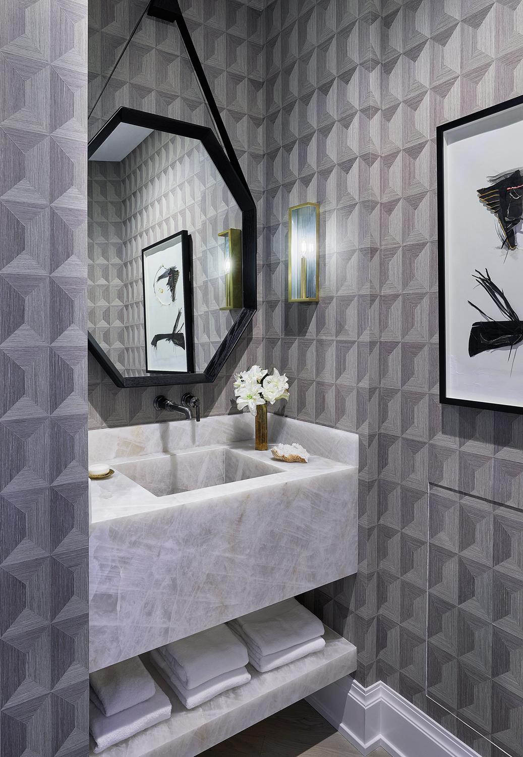 powder room with gray patterned...