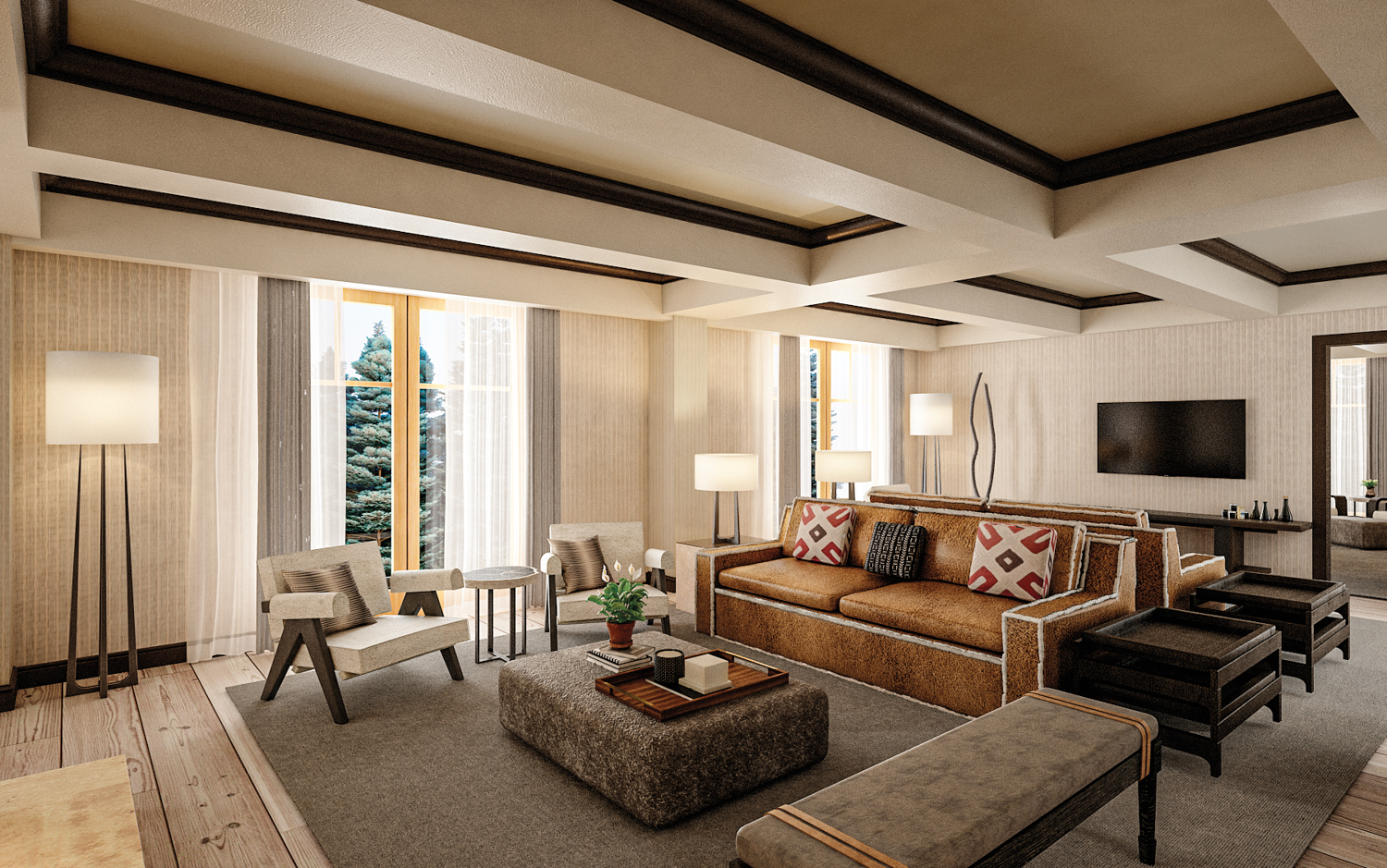 Suite at the Ritz Carlton, Bachelor Gulch hotel with sofas, arm chairs and banquettes