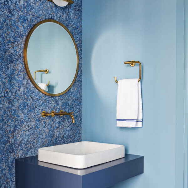 A Blue Powder Room Comes To Life With A Marbleized Wallcovering