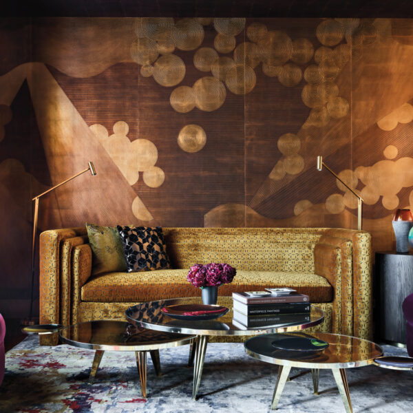 Gotham Glamour: The Sultry Penthouse With An Unmatched Style Factor gold media room with de gournay wallpaper