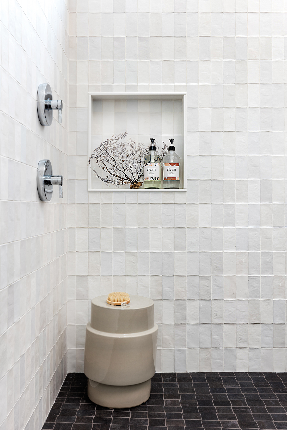 Shower with white tile
