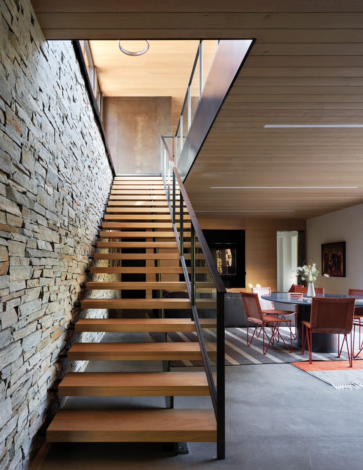A stairway features floating treads