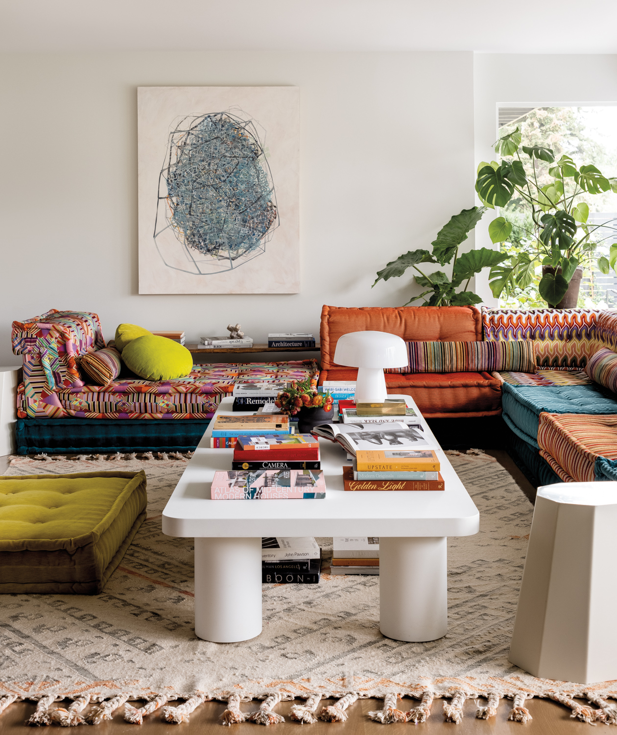 A colorful sectional in the...