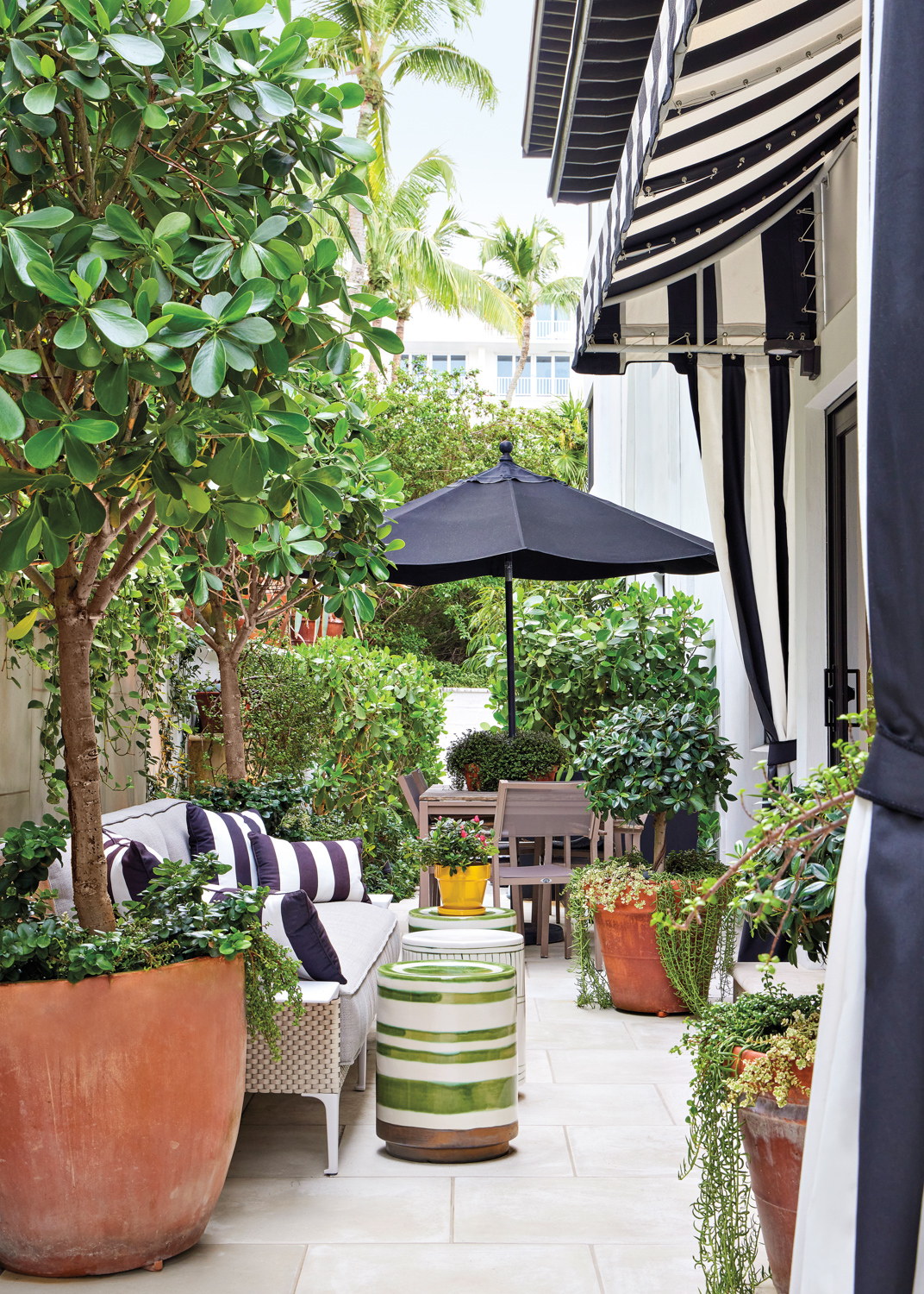 terrace with lush greenery, black-and-white...