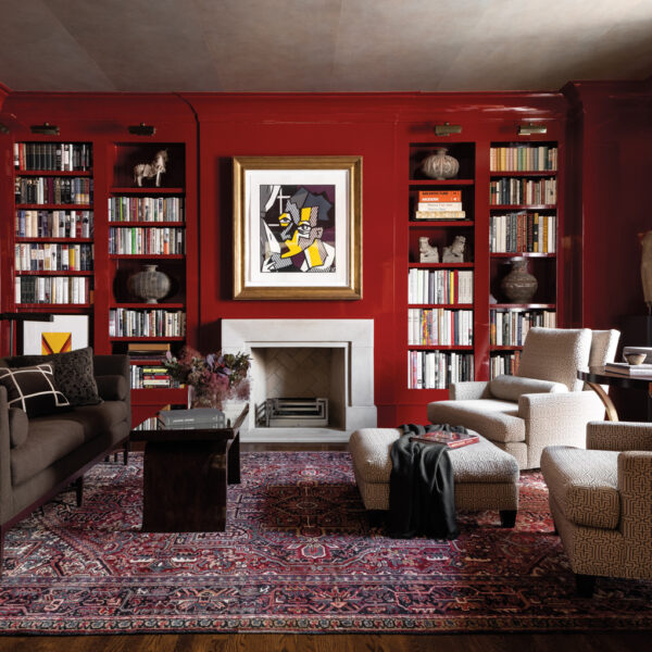 Library with red walls and silver tea paper ceiling