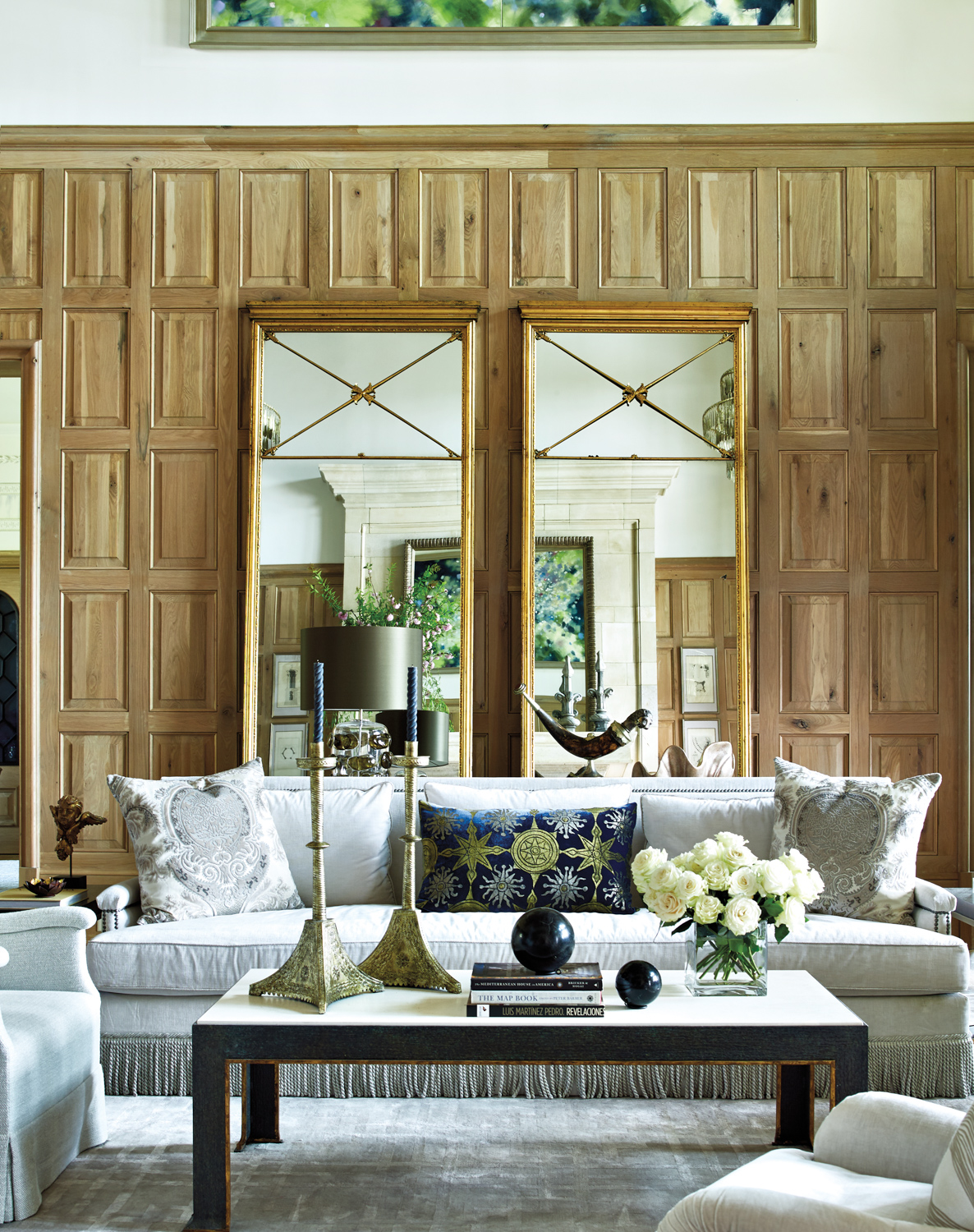 Living room with paneled walls,...
