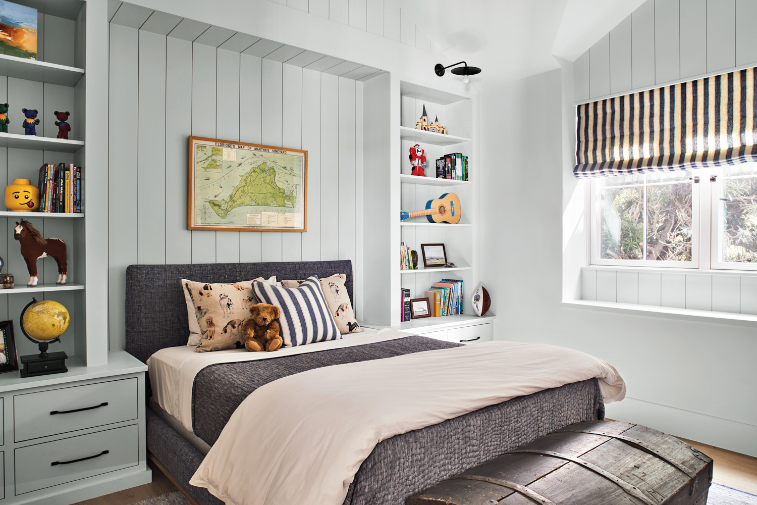 Kids' bedroom with white-paneled walls,...
