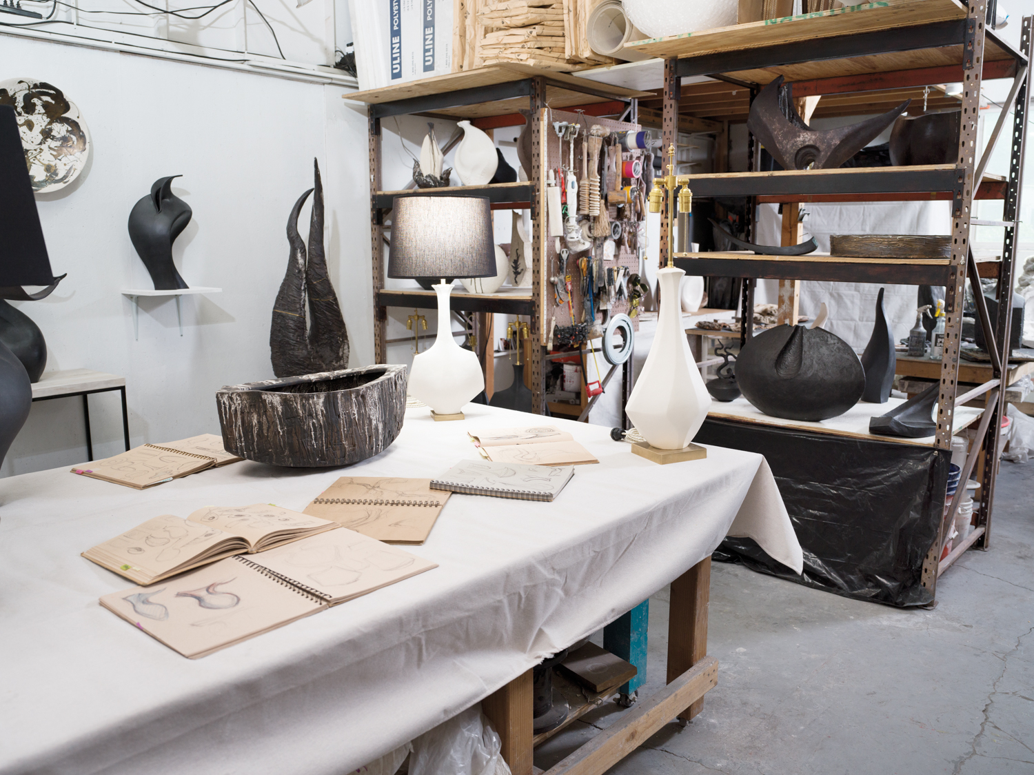 Beverly Morrison's studio, with multiple clay pitches and sketchbooks