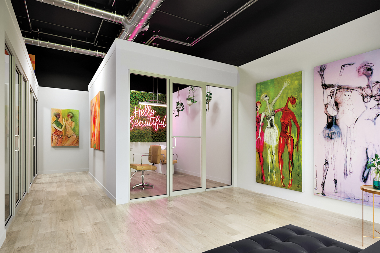 Paintings on white walls flank an office with floor-to-ceiling windows and doors with neon “hello beautiful” sign against greenery wall