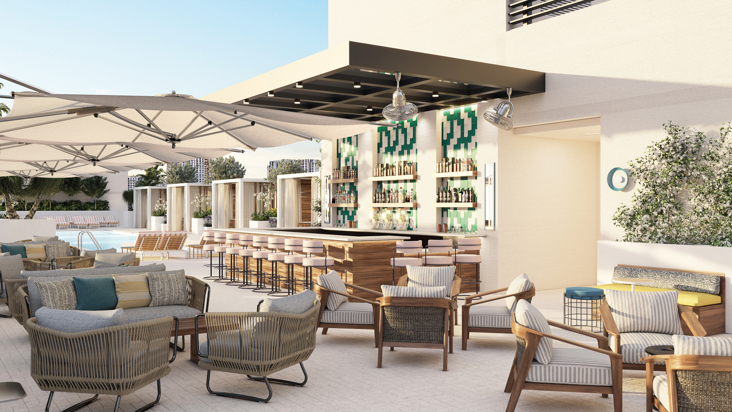 Rendering of rooftop pool and bar with several seating areas and private curtained cabanas