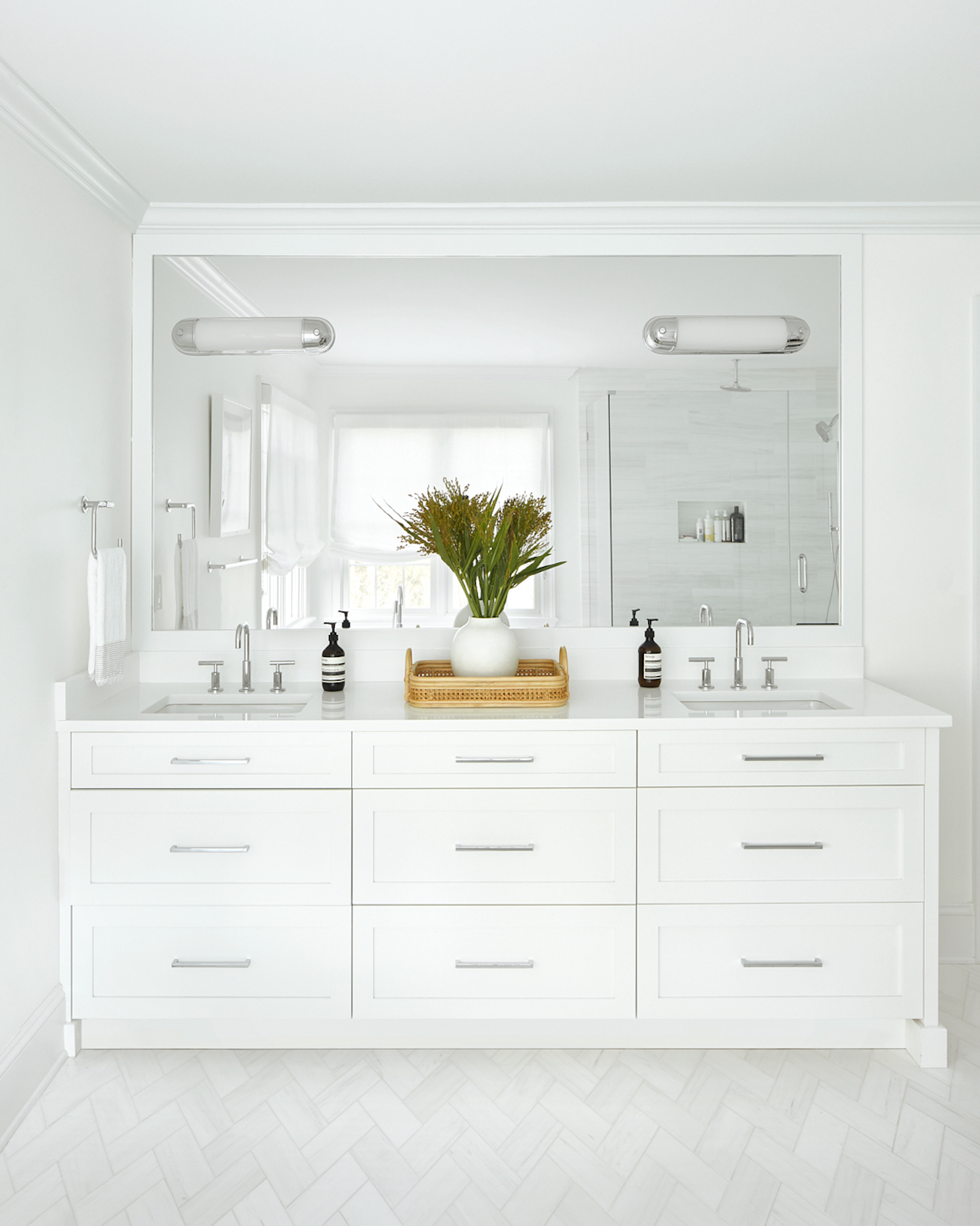 white vanity with chrome accents