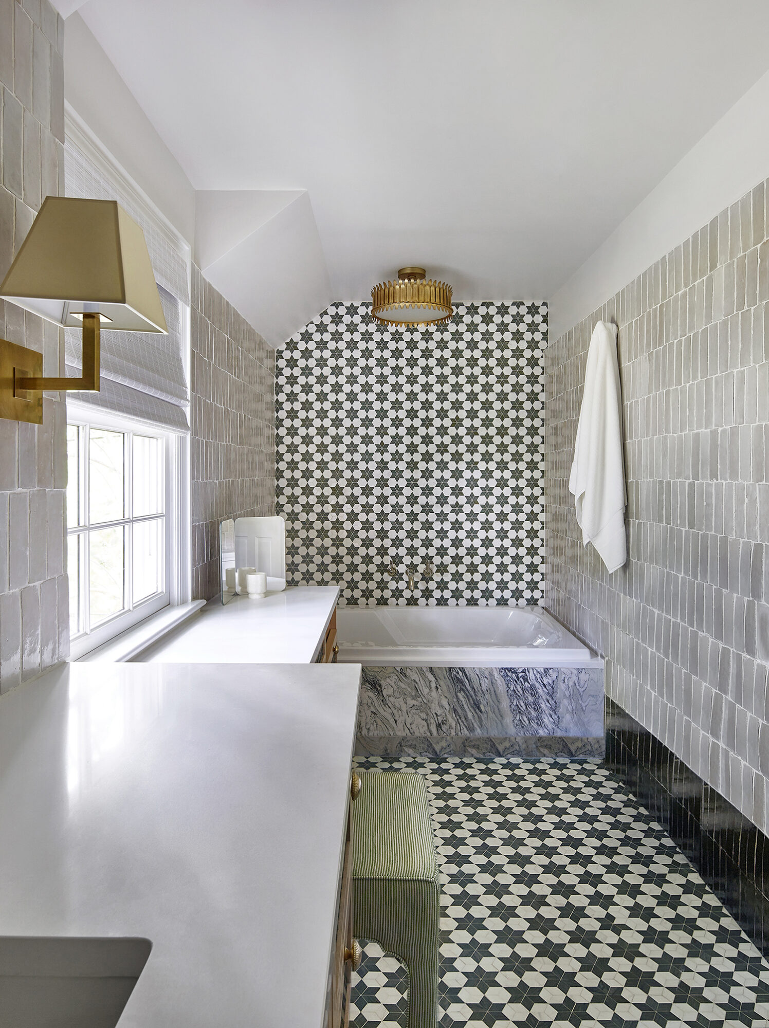 mixed patterns and tiles in a white bathroom by virginia toledo gellar