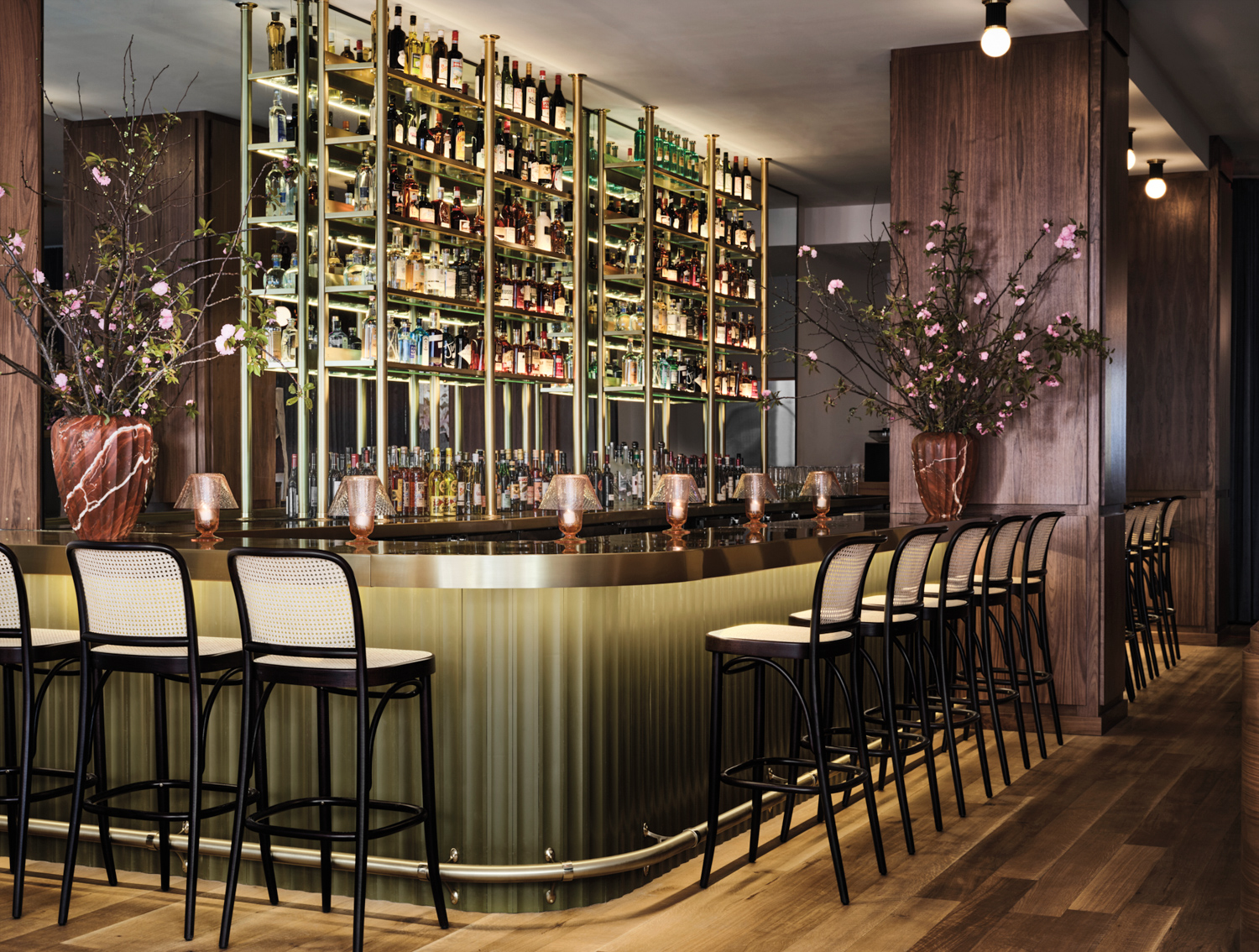 Tall, backed chairs line a stylish Texas restaurant bar, Sassetta at The Joule in Dallas