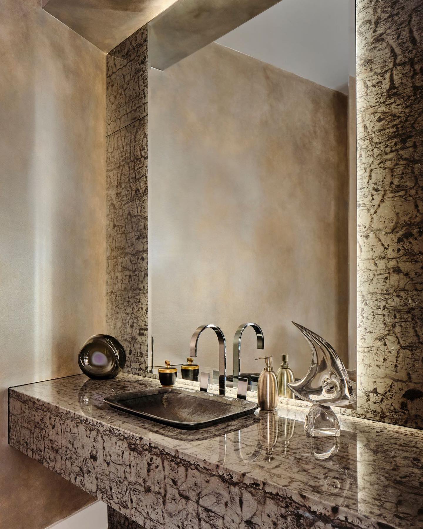 Gold and beige huge bathroom vanity.