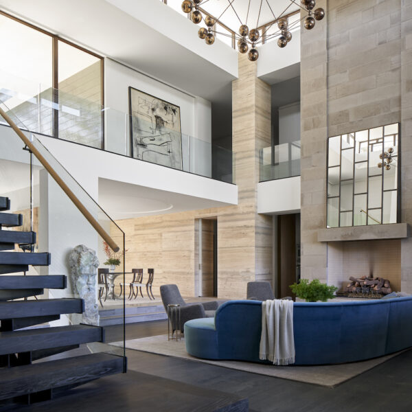 glass staircase in modern living room.