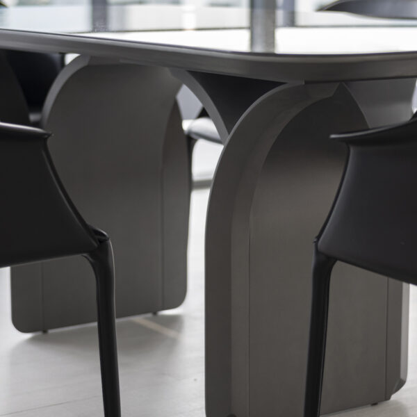 dark dining table with black chairs