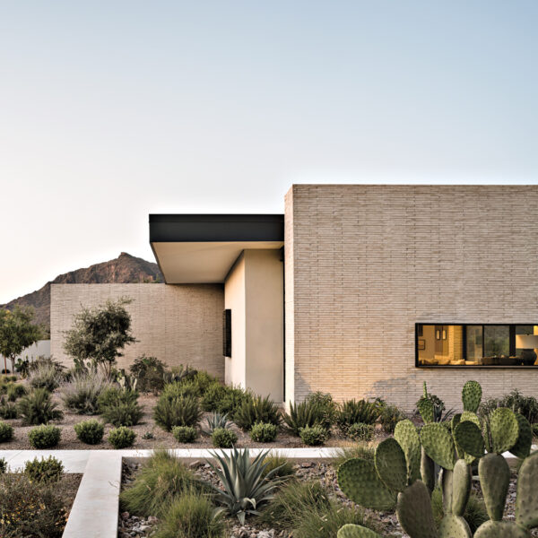 exterior of modern concrete brick house with desert plants in the yard